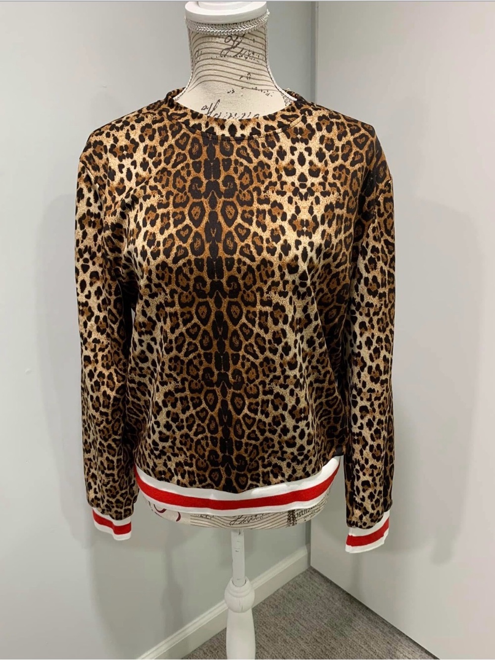 Leopard Print Crewneck Sweater Jacket - Brown
